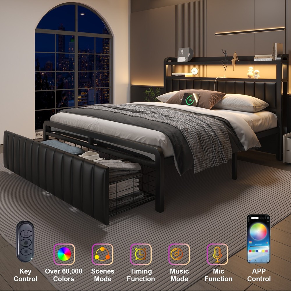 Full Queen Size Metal Platform Bed Frame with Drawers and LED Lights