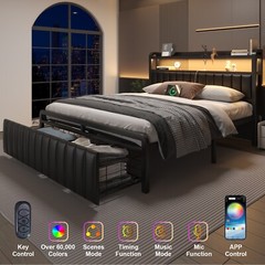 Full Queen Size Metal Platform Bed Frame with Drawers and LED Lights