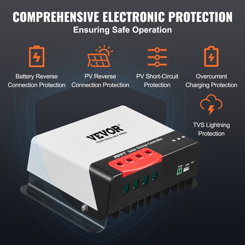 VEVOR 50A Solar Charge Controller 12V 24V MPPT Solar Regulator with Bluetooth gallery