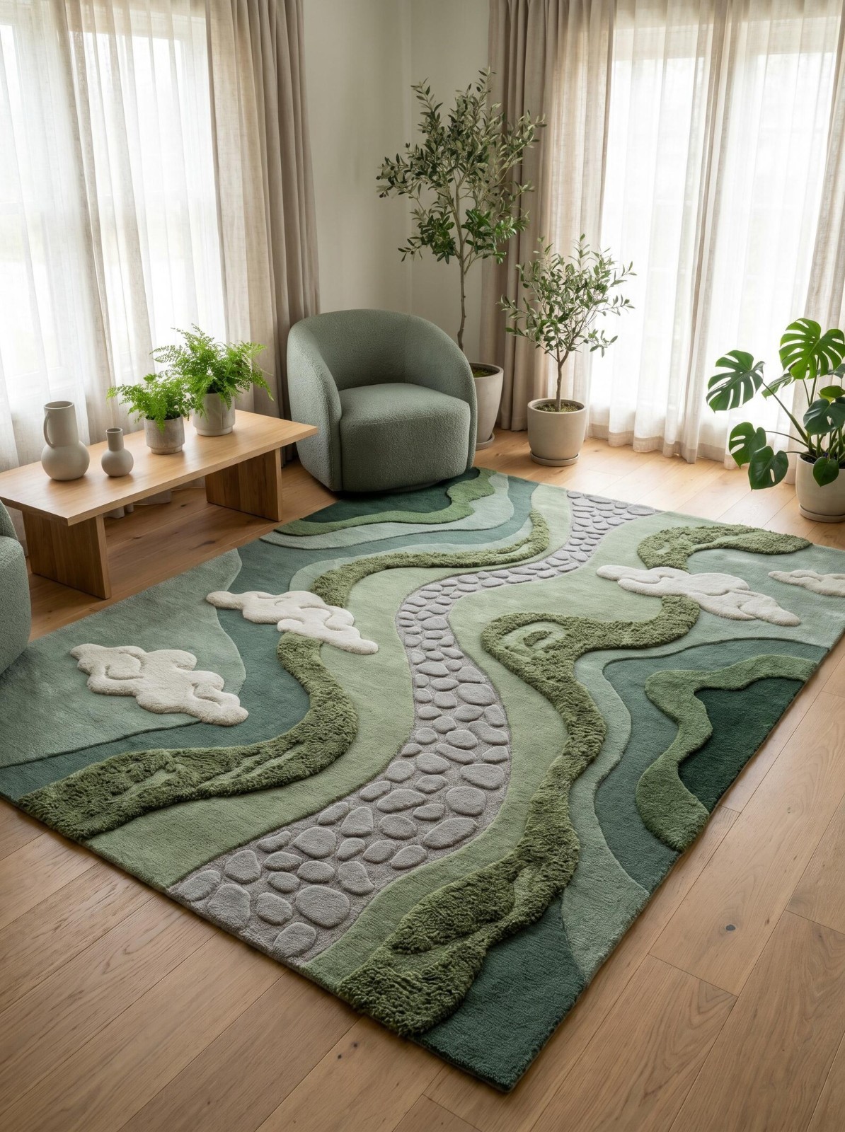 Hand Tufted Green Landscape Rug, Nature Inspired Area Rug, Organic Abstract Rug, gallery