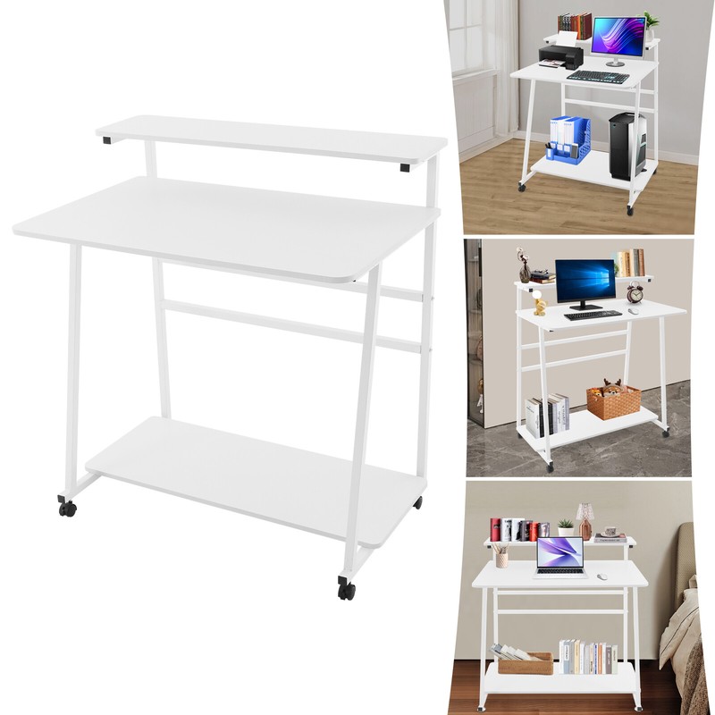 3-tier Rolling Computer Desk Capacity 55kg/121 lbs Modern Home Office Desk White gallery