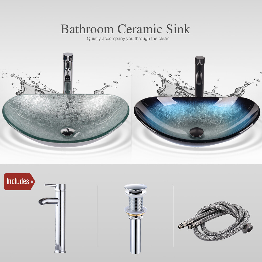 Bathroom Oval Tempered Glass Vessel Sink Bowl Faucet Pop Up Drain Basin Set Home gallery