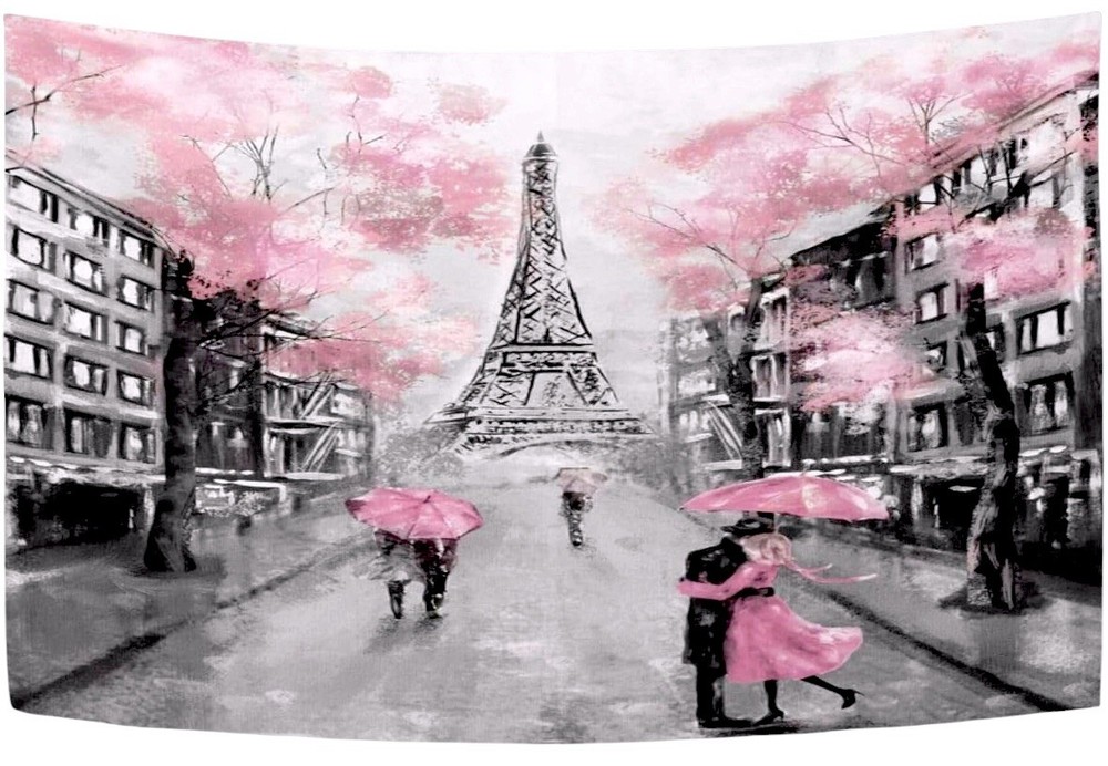 Paris Eiffel Tower Wall Tapestry Pink Cherry Blossom Couple 60x51 In