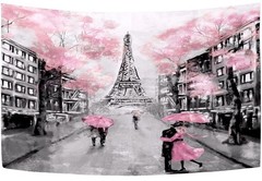 Paris Eiffel Tower Wall Tapestry Pink Cherry Blossom Couple 60×51 In