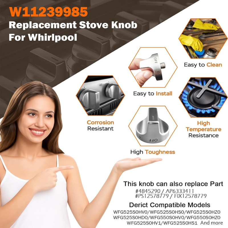 (5Pcs) W11239985 Gas Stove Knobs Replacements Compatible with Whirlpool WFG525S0 gallery