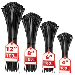 Cable Zip Ties,400 Pack Black Assorted Sizes 4+6+8+12-Inch(400PCS Set),