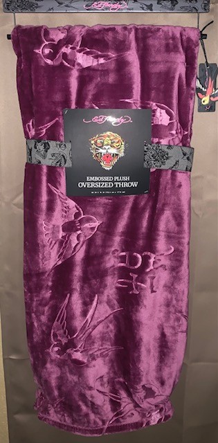 Ed Hardy Pinkish Purple Birds & Monograms Embossed Oversized Plush Throw Blanket gallery