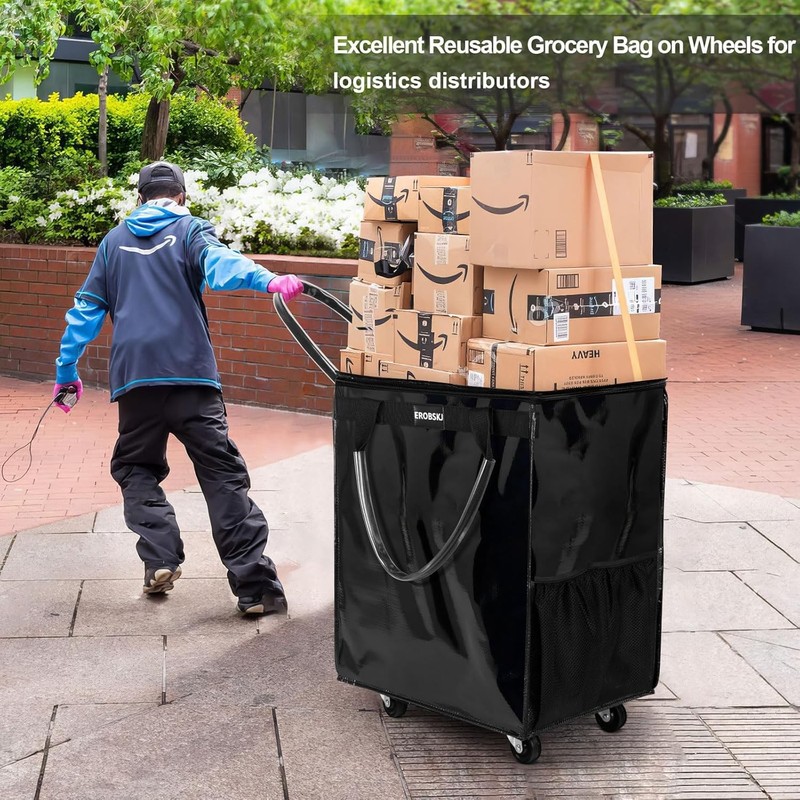 Large,Black) Reusable Grocery Bag on Wheels, Foldable Rolling Tote, Carries Up gallery