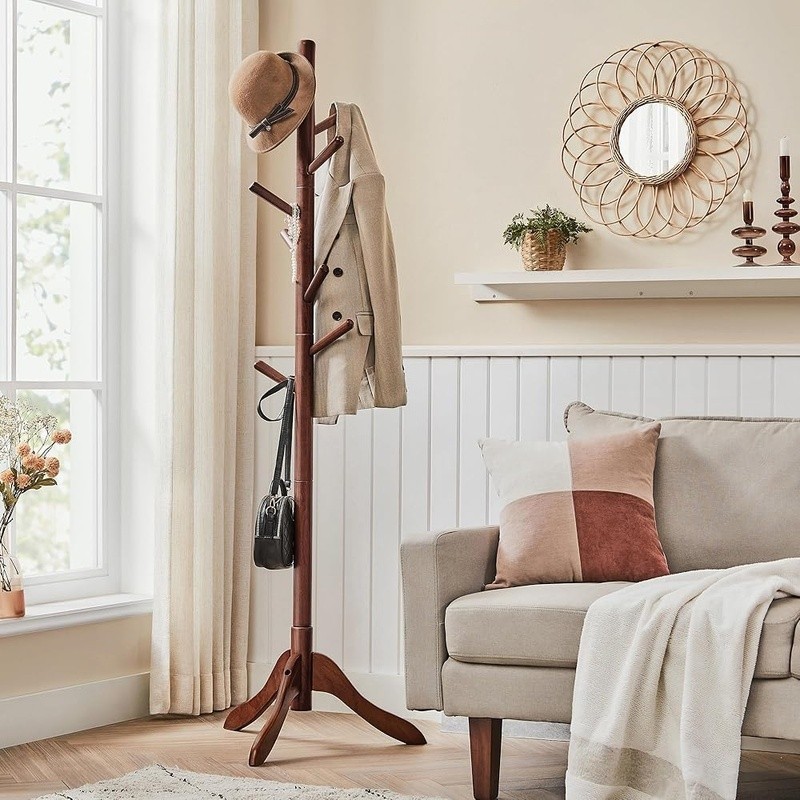 Durable Solid Wood Coat Rack Adjustable Height 3 Sections 8 Hooks Stable Base US gallery