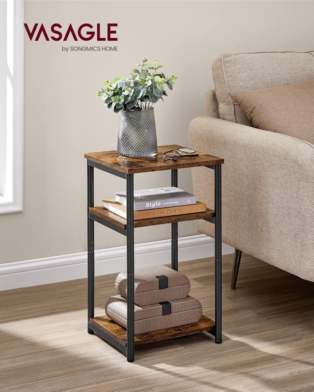 Rustic Brown & Black Industrial Side Table with 3 Storage Tiers - Compact Design gallery