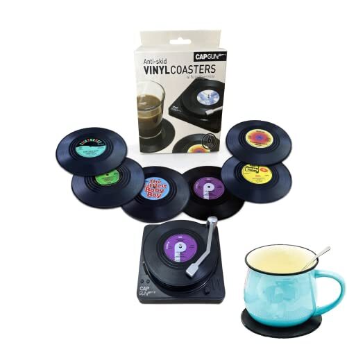 Vinyl Record Coasters for Drinks Retro Disk Coaster with Holder for Wooden Table gallery