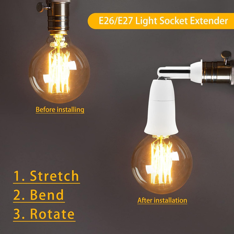 E26/E27 Light Socket Extender, 4.5 Inch Extension,Adjustable Vertical 90°Horizon gallery