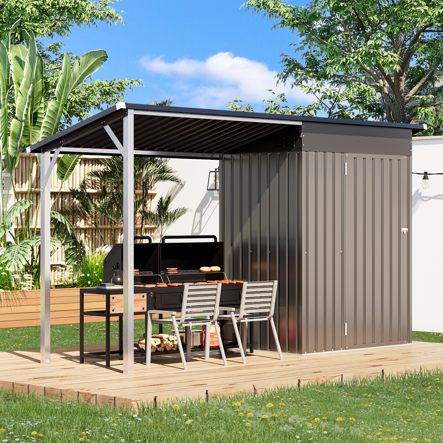 Outdoor Open-Sided Storage Shed Tool Shed Attached Hardtop Metal Pergola Gazebo gallery