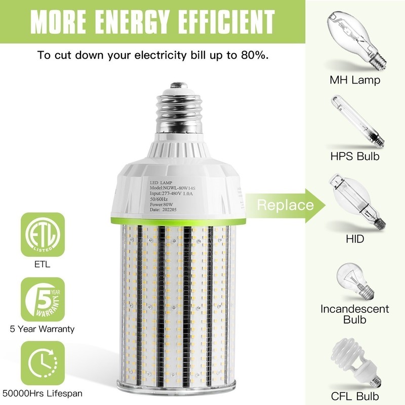 80 Watts LED Corn Light Cob Bulbs E39 Mogul Base Warehouse Garage Lighting 480V gallery