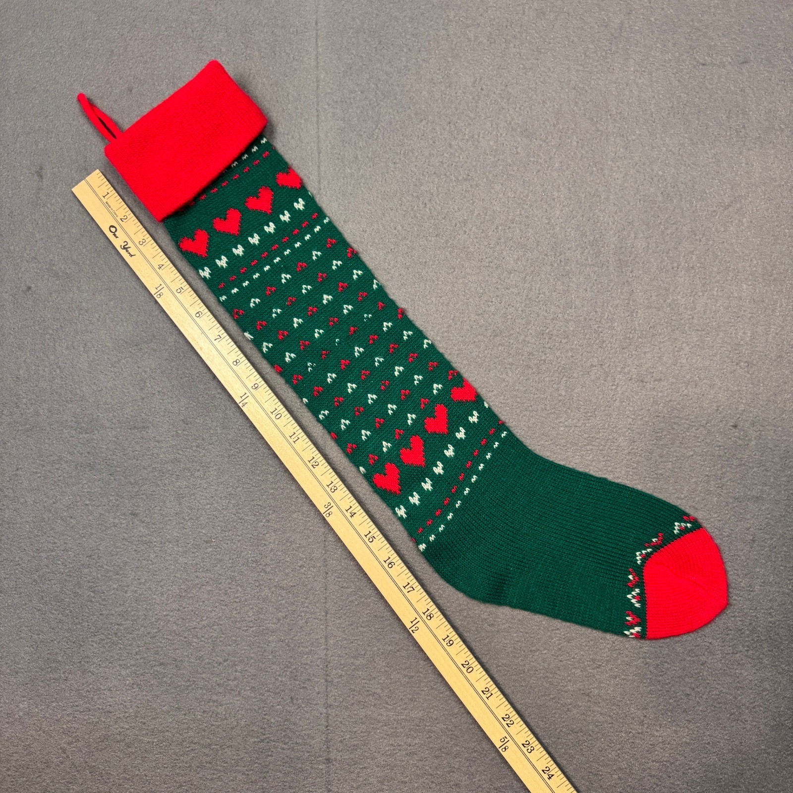 Vtg Knit Christmas Stocking Red Green Hearts Grannycore Grandmacore Rustic 24in gallery