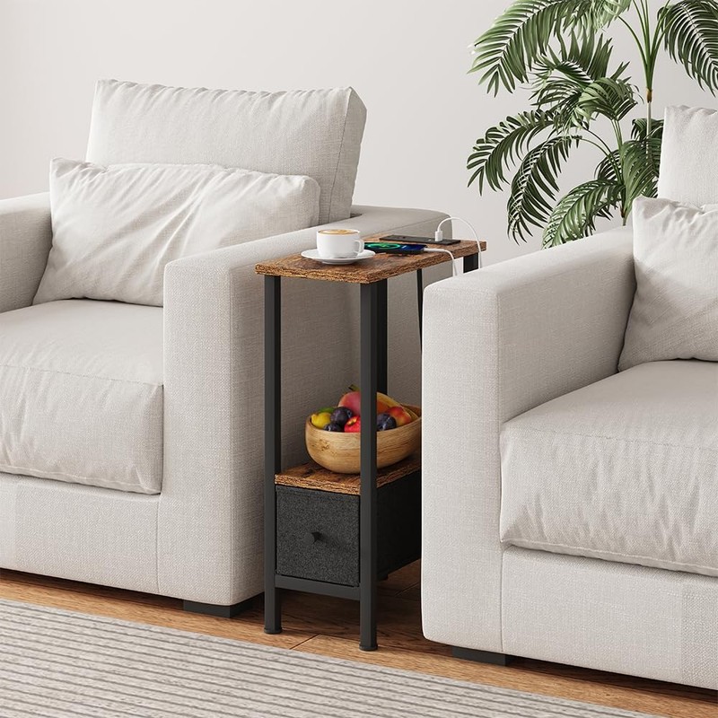 Rustic Brown Narrow Side Table Charging Station USB Ports Outlet 1 Drawer gallery