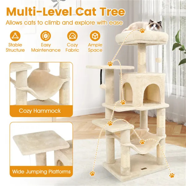 44in Cat Tree Tower Beige Multi Level w/ Top Perch 2 Door Condo Hammock for Indo gallery