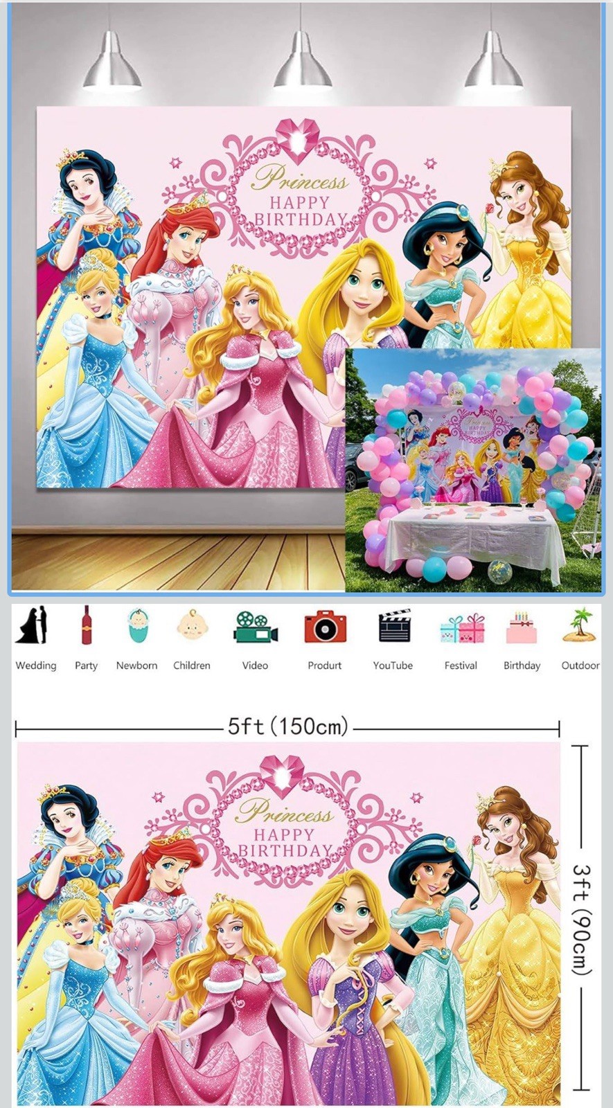 Princess Birthday Backdrop Rainbow Girls Party Photo Background Banner Decor gallery