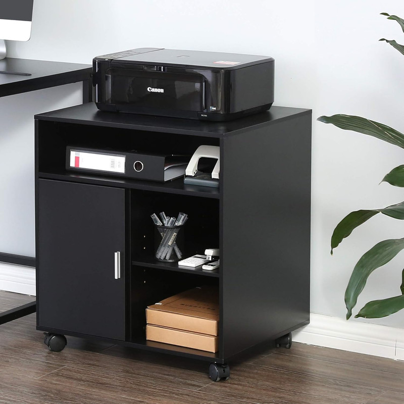 Printer Stand with Storage Adjustable Shelves, Wood Mobile Cart with Door, Rolli gallery