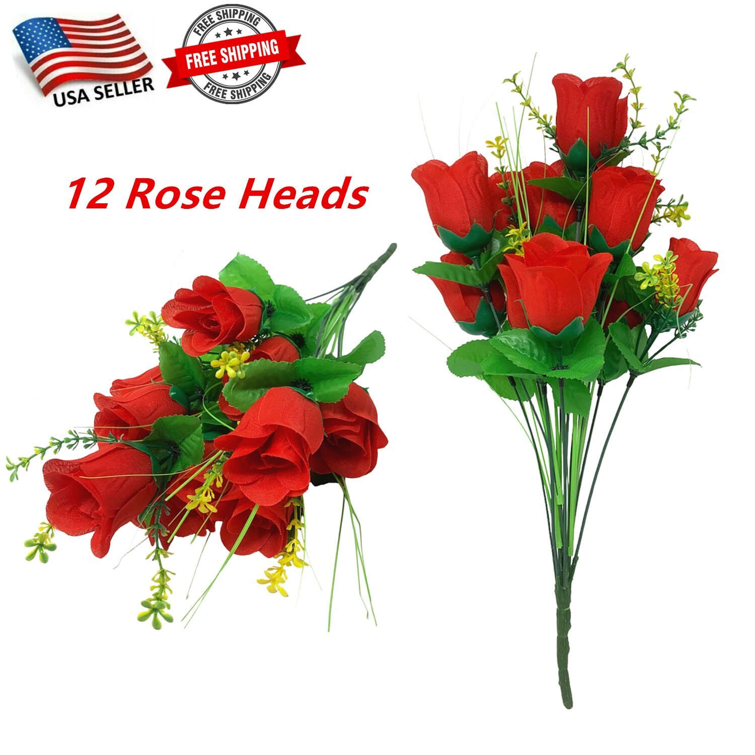 12 Red Rose Buds, Artificial Silk Flowers, Wedding Bouquets, Home, Faux Roses gallery