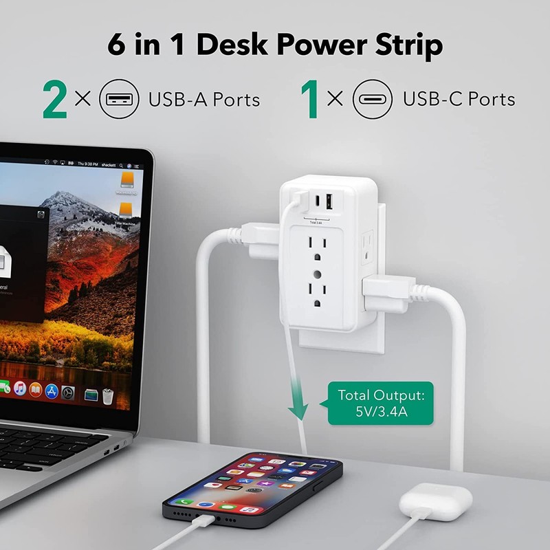 BN-LINK Multiple Plug Outlet Extender, 6 Wall Outlets and 3 USB Ports (1 USB C) gallery