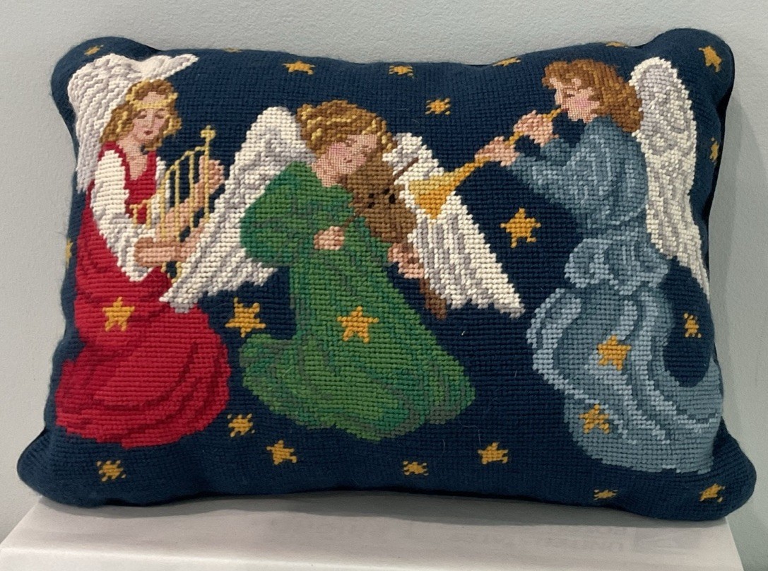 Needlepoint Christmas Pillow Zip Musical Angels Trumpet Violin Cross 15 X 10.5” gallery