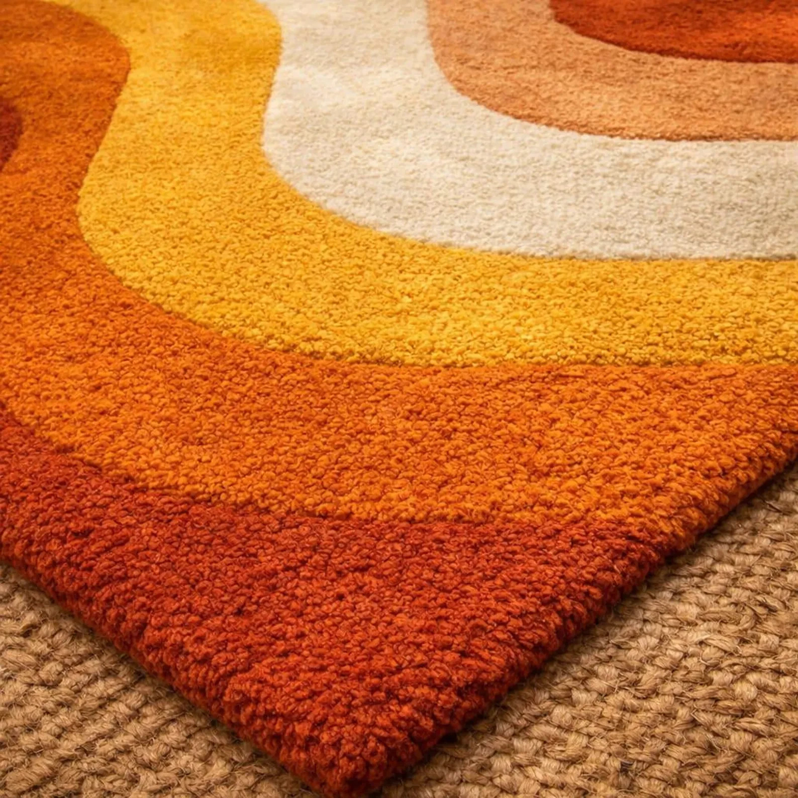Retro Mid Century Shag Rug 70s Geometric Orange Yellow Vintage Plush Carpet gallery