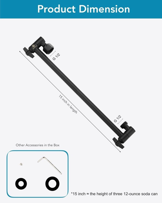 15 Inch Extra Long Adjustable Shower Head Extension Arm With Locking Set Scre... gallery