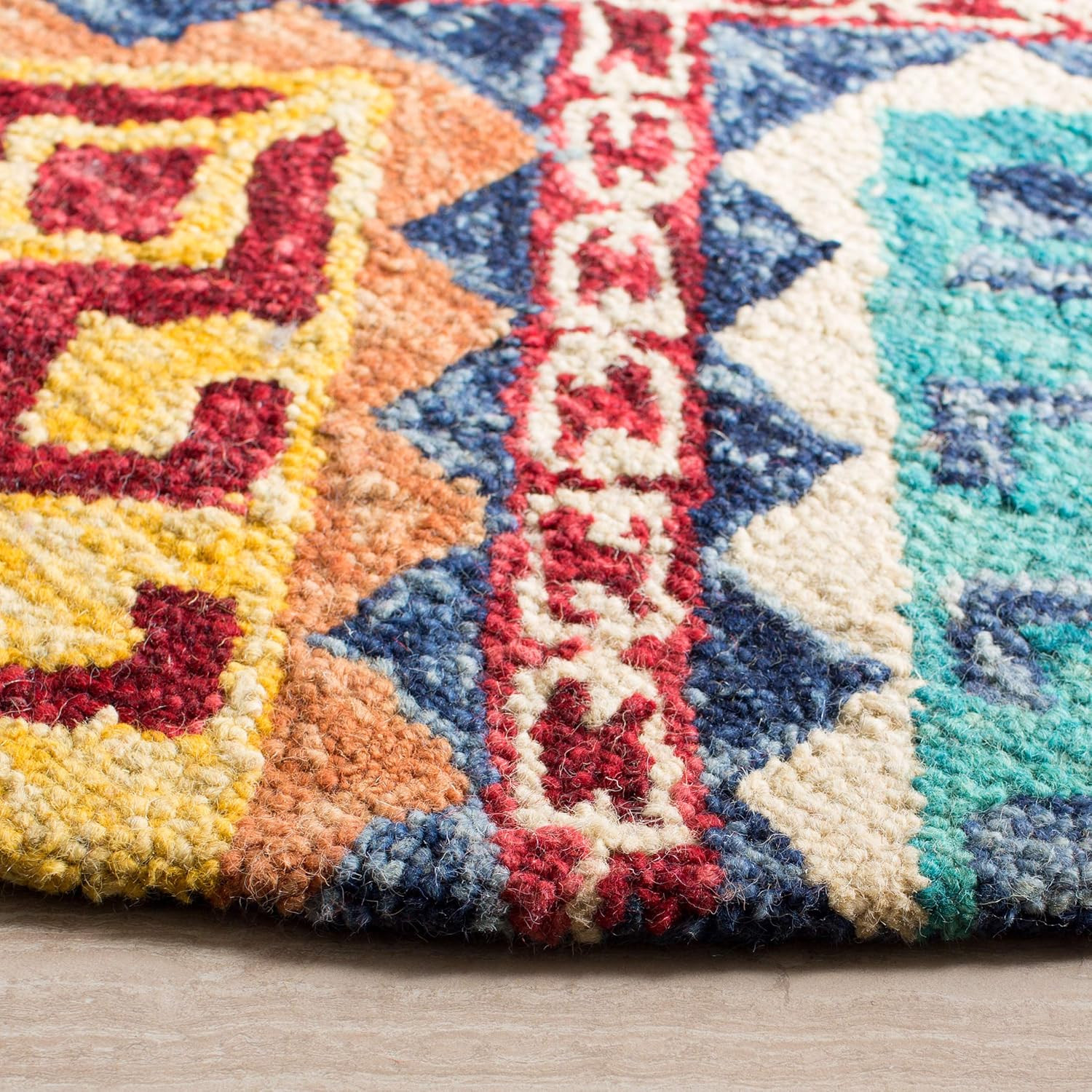 Handmade Boho 7' Round Blue/Multi Wool Area Rug - Aspen Collection gallery