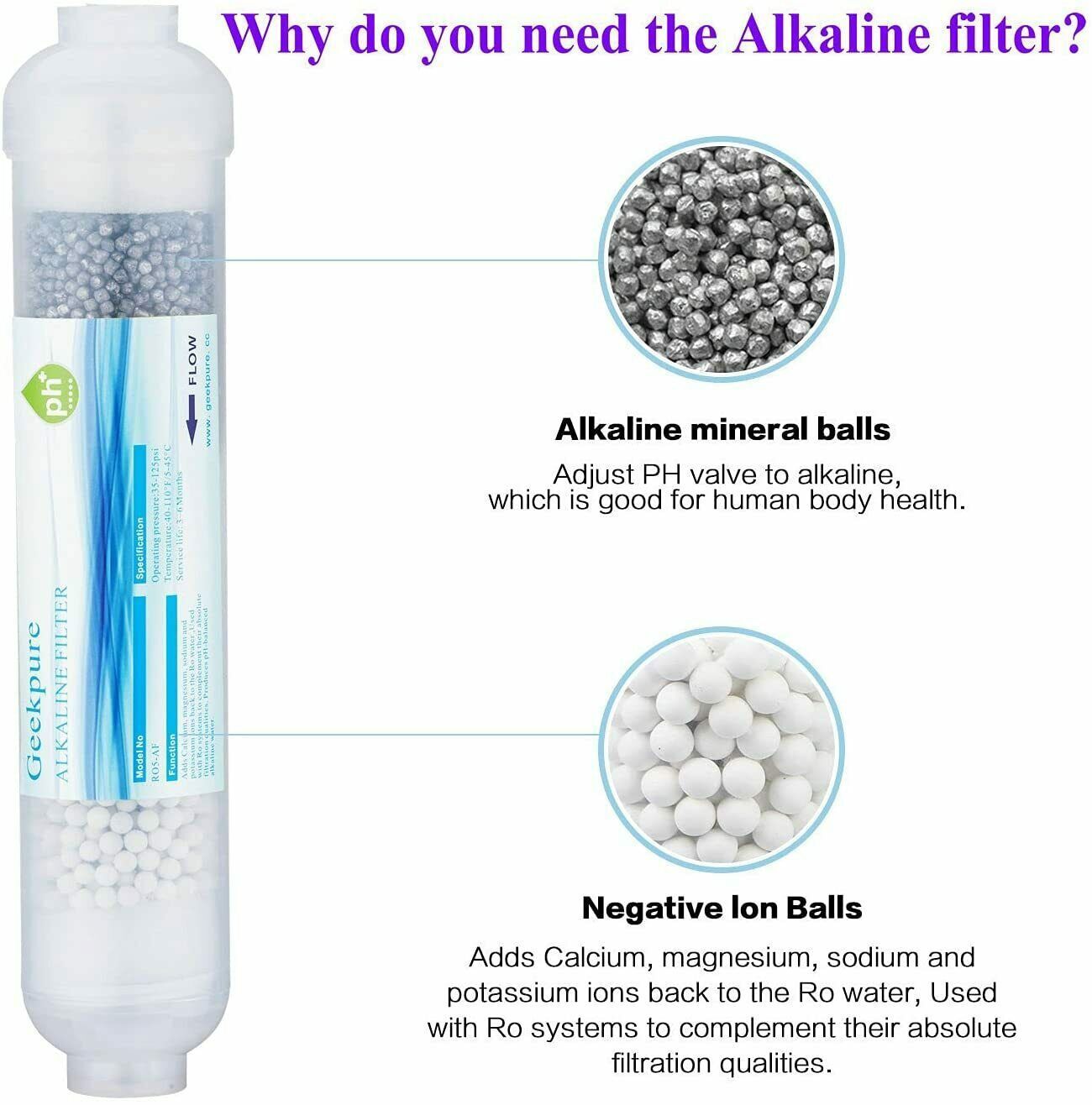 10 Inch Inline Alkaline ph+ Water Filter for Reverse Osmosis RO System-1/4” Port gallery