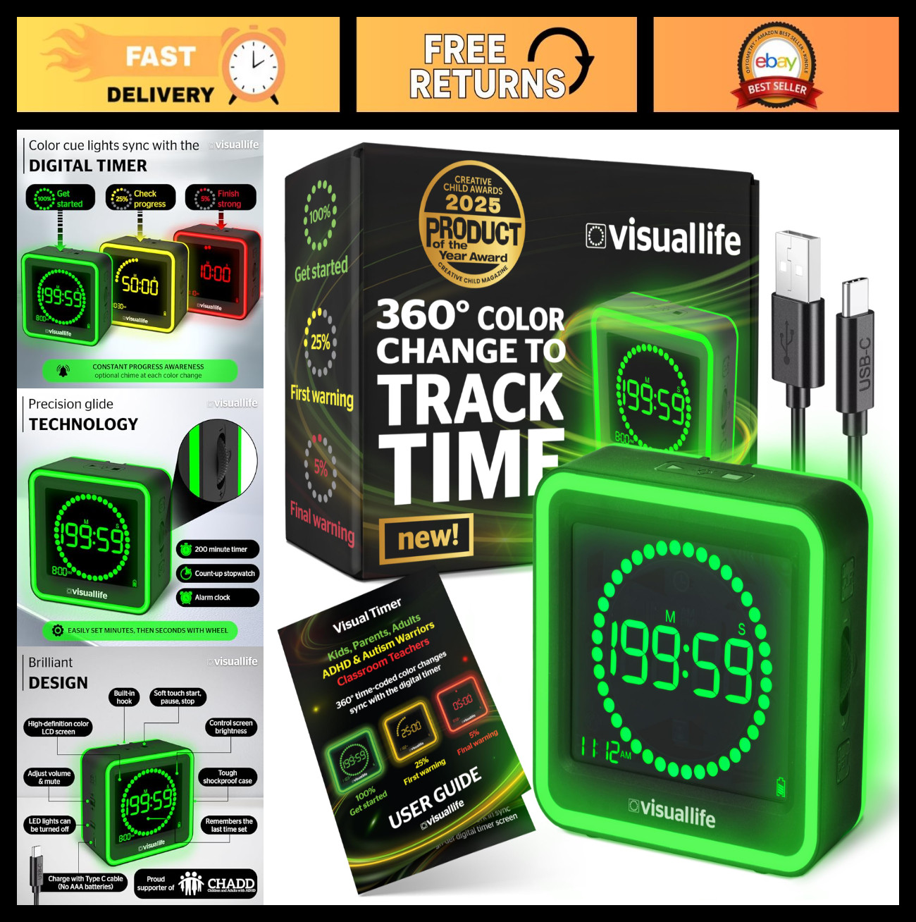 Visual Life Timer for Kids & Adults - ADHD, Autism, Dyslexia Tool, Color Cues, F gallery