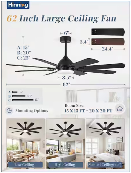 62 In. DC Motor Indoor/Outdoor Matte Black -6-Speed/ LED Ceiling Fan gallery