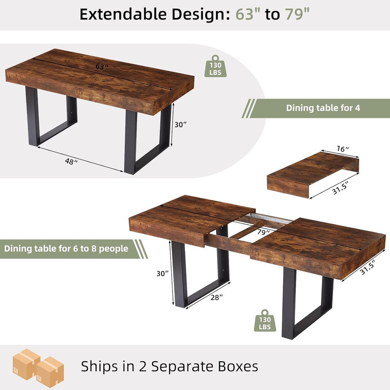 Extendable Dining Table 63"-79" Wood Farmhouse Table Walnut gallery