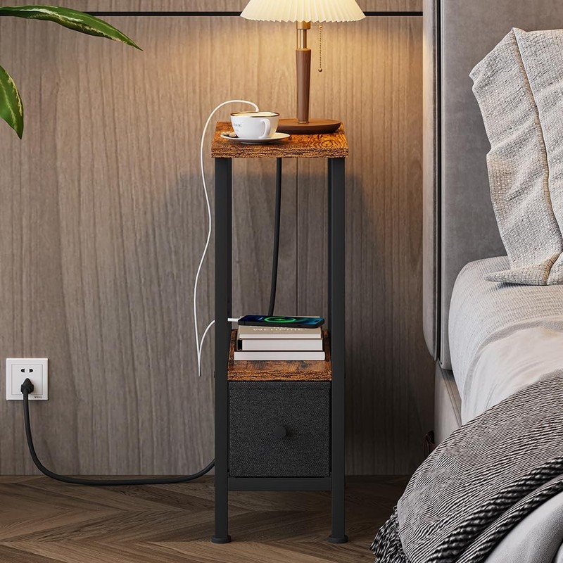 Rustic Brown Narrow Side Table Charging Station USB Ports Outlet 1 Drawer gallery
