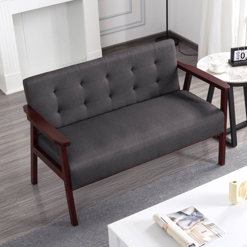 49" Solid Cedarwood Loveseat Tufted Back High-Density Foam Seat Dark Gray gallery