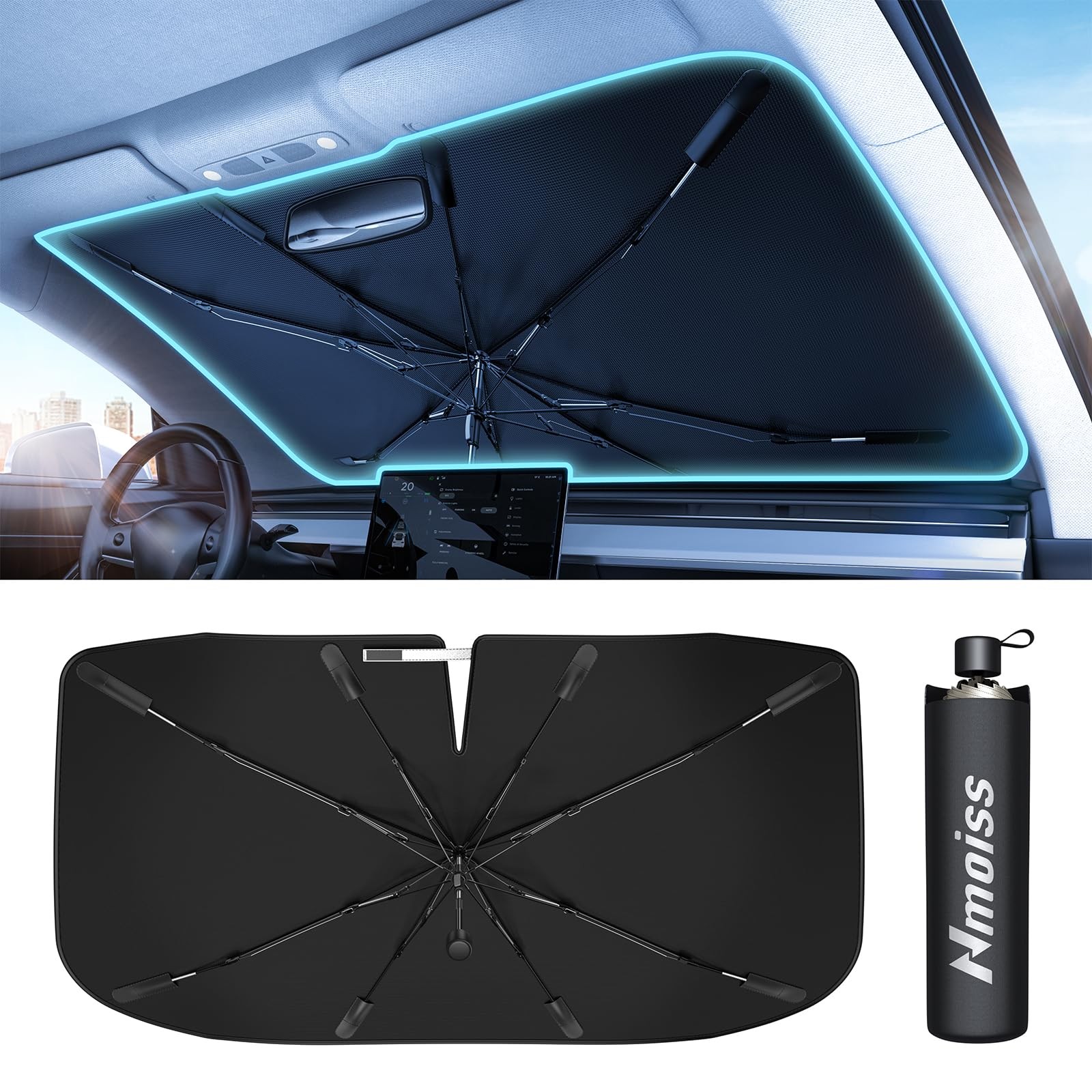 [Upgraded] Nmoiss Windshield Sun Shade Umbrella Medium (56" L x 31" W), Black gallery