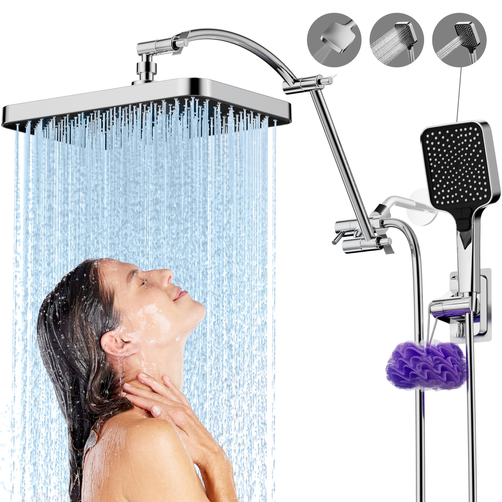 13 Inch Rain Shower Head High Pressure with Handheld Extension Arm Combo Chrome gallery