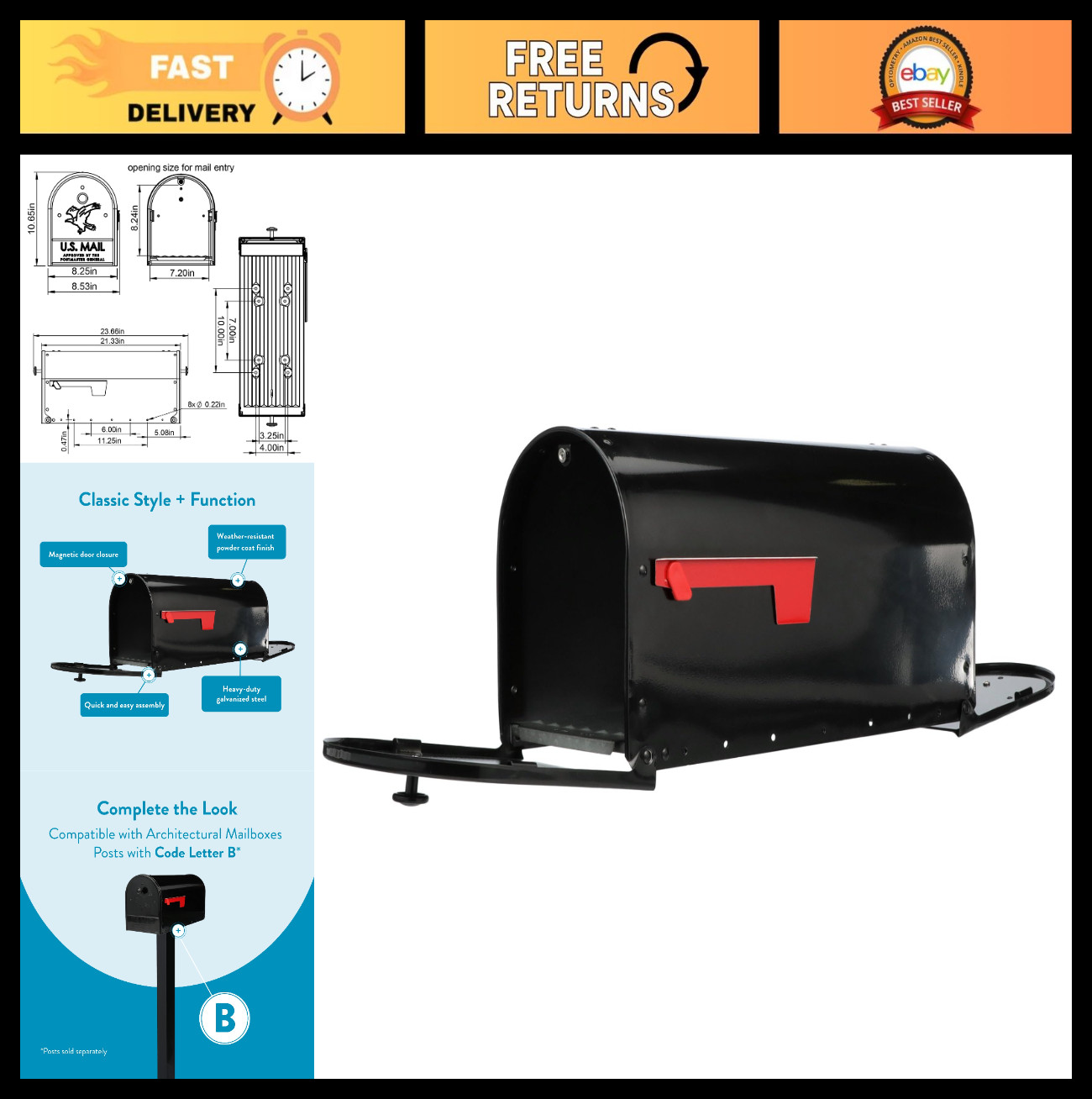 Large Capacity Double Door Mailbox - Durable Black Outdoor Mailbox for Home gallery