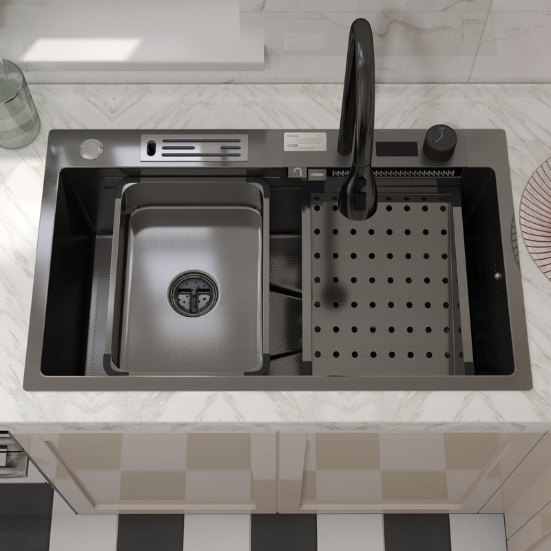30" Multi Purpose Kitchen Sink Stainless Steel Single Bowl W/ Waterfall Faucet gallery