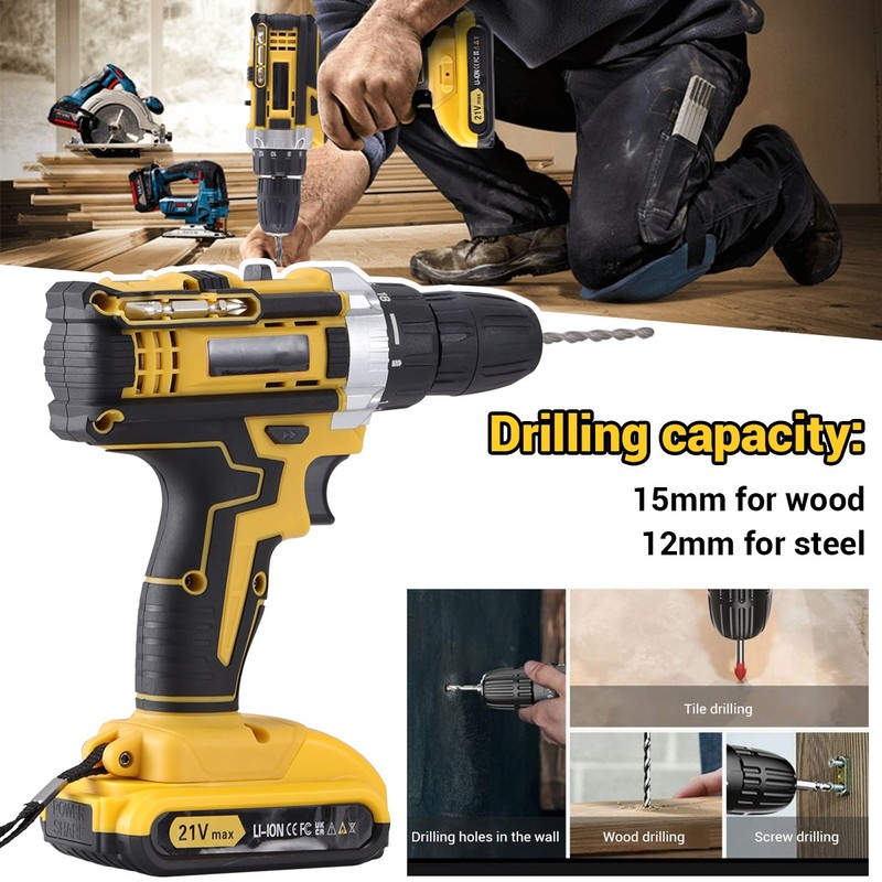 21-Volt Drill 2 Speed Electric Cordless Drill / Driver with Bits Set & Battery gallery