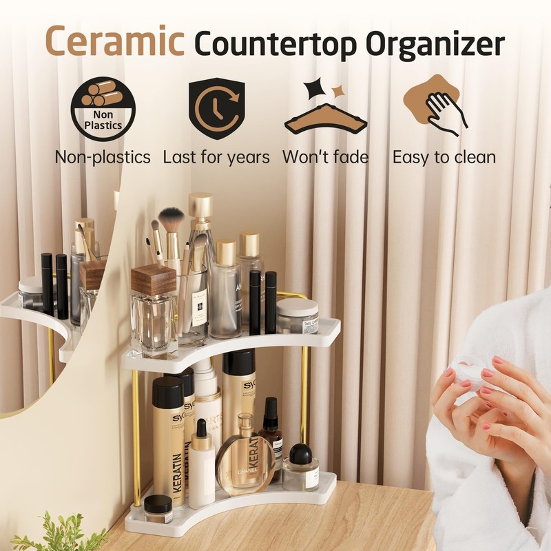 2-Tier Hancrafted Ceramic Bathroom Counter Organizer, Marble Pattern Corner B... gallery