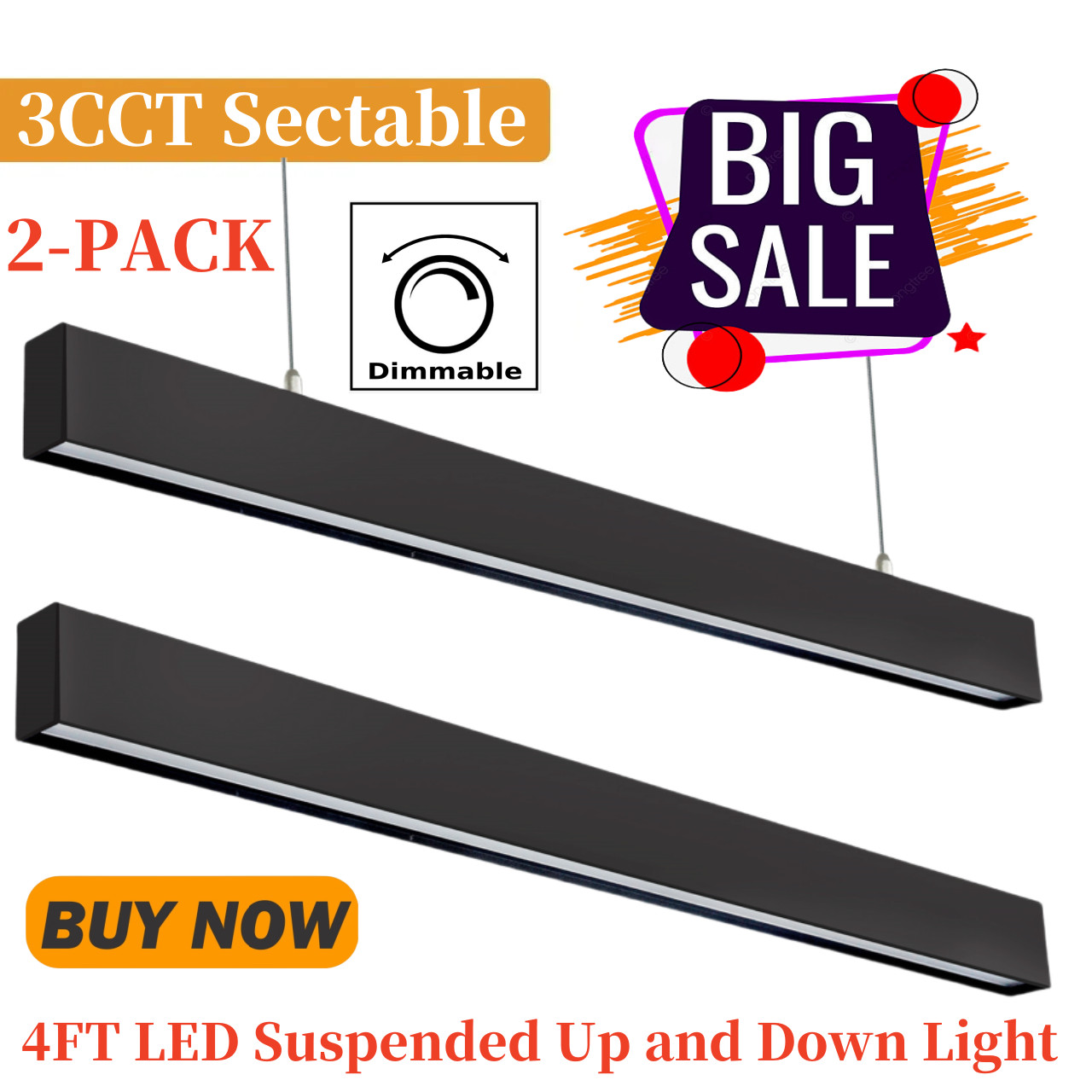 2~10 Pack 4FT 50W LED Suspended Up and Down Linear Light 3CCTs Selectable Black gallery