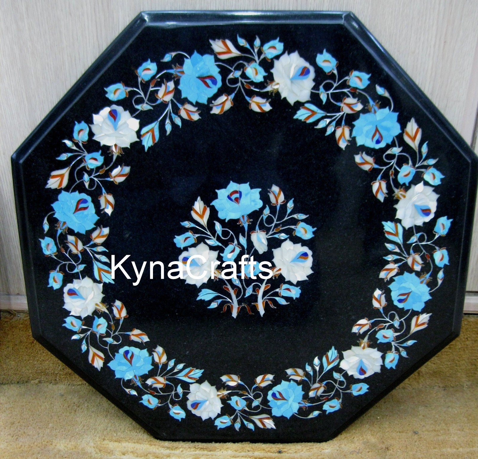 Black Marble Sofa Table for Office Multicolor Stone Inlay Work Coffee Table Top gallery