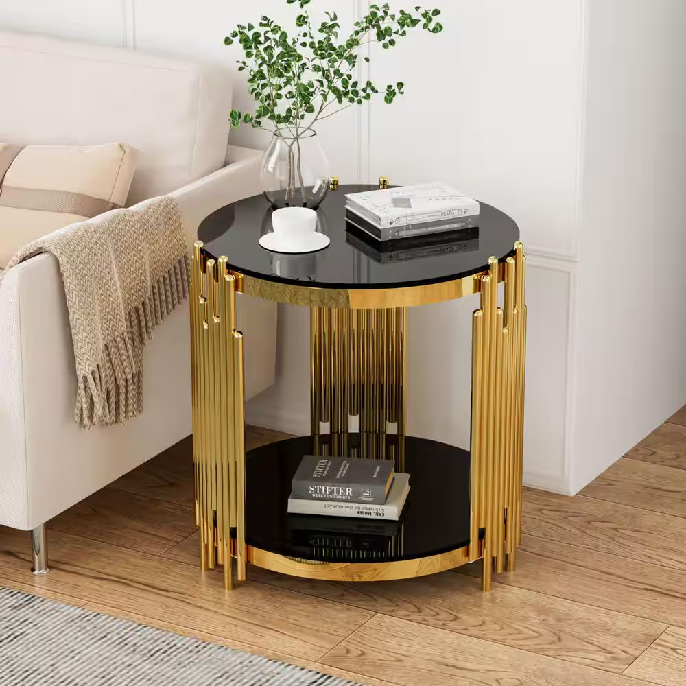 20 In. Black round Glass Coffee Table with Tempered Glass&Gold Legs, 2-Tier Stai gallery
