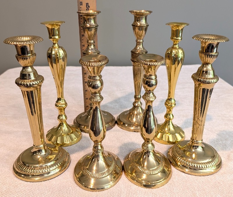 8 Vintage-Shiny Solid Brass Candleholders - 9 to 11.5 Inches Tall gallery