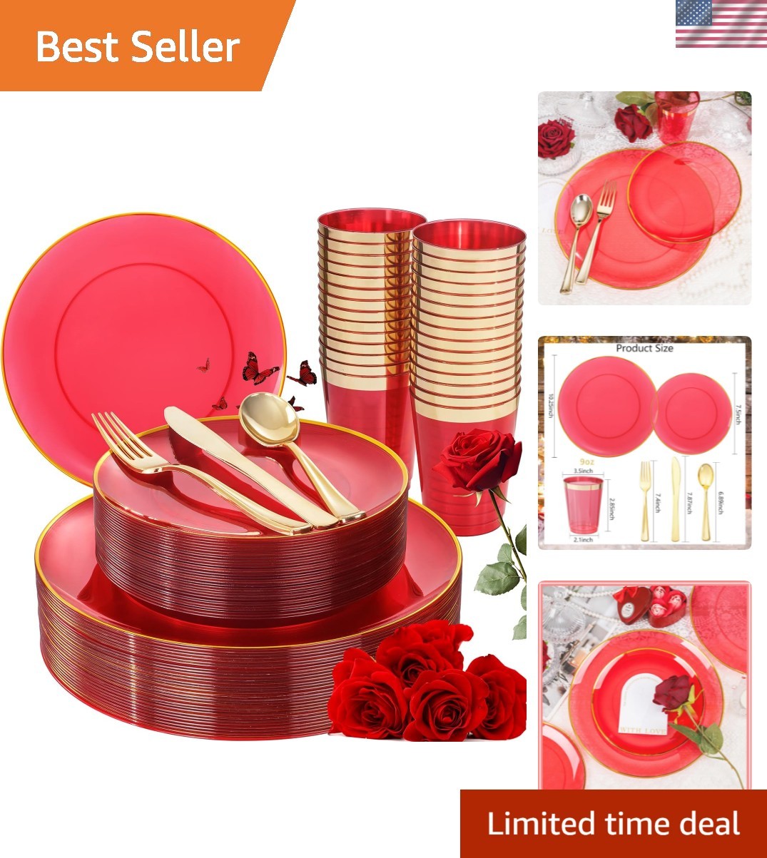 180-Pcs Red Plastic Dinnerware Set with Gold Accents - Hand Wash Only gallery