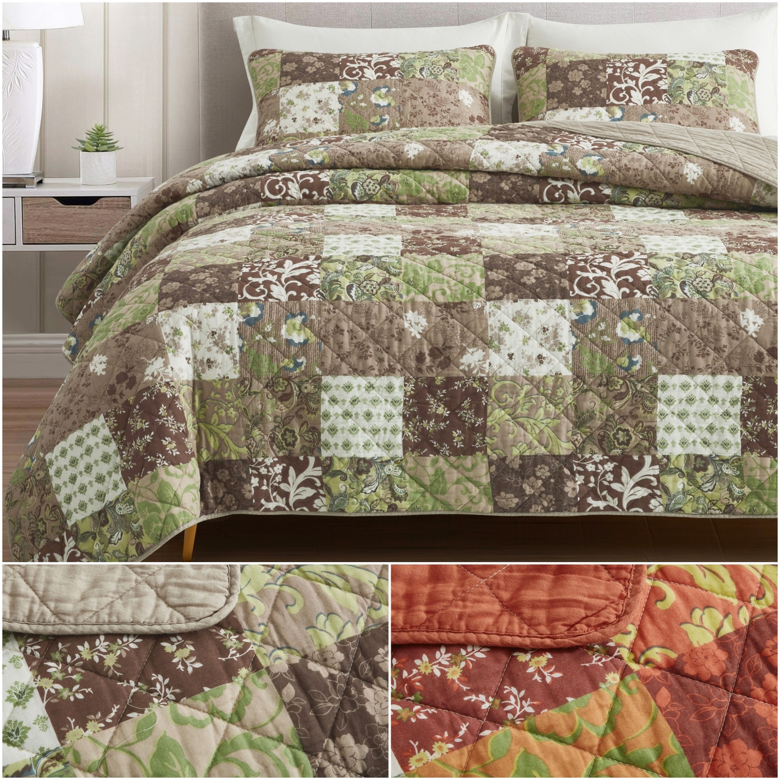 Chezmoi Collection Leilani Bohemian Printed Floral Patchwork Cotton Quilt Set gallery