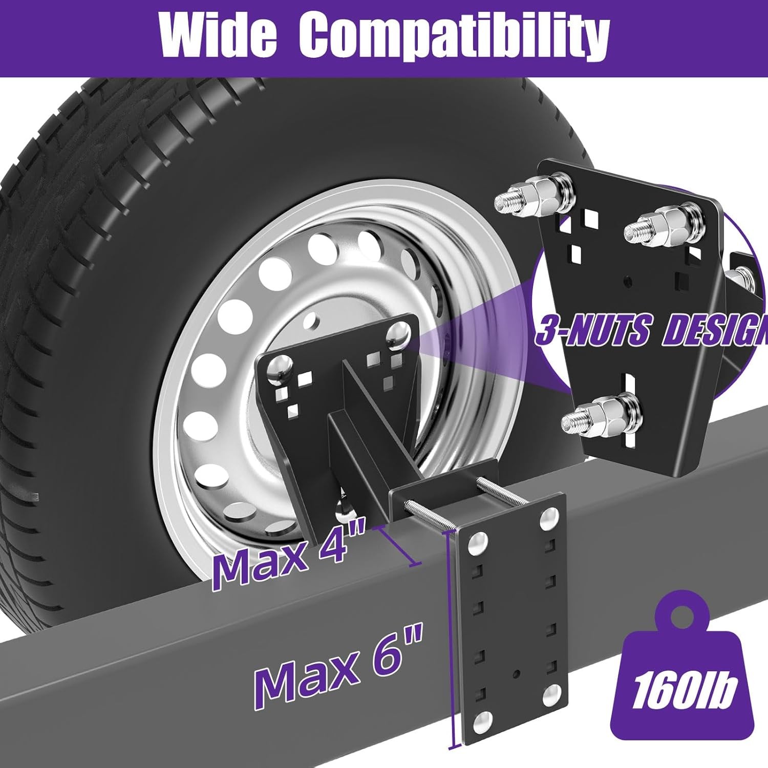 Spare Tire Mount Bracket for Trailer & Carrier - 160lbs Capacity, Fits 5 & 6 & 8 gallery