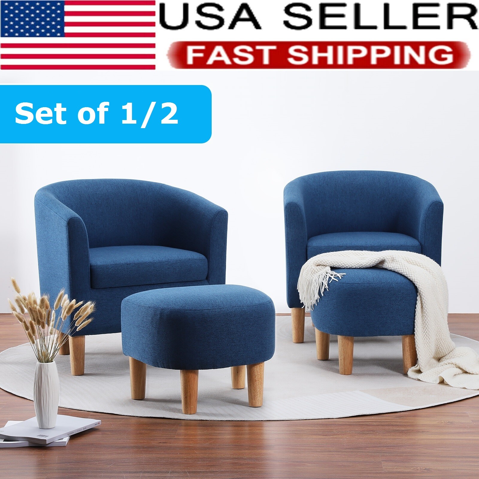 1/2 Set Modern Accent Barrel Chair Upholstered Club Tub Armchair w/Footrest gallery