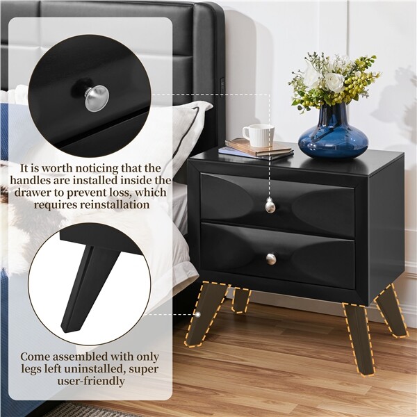 2pcs Almost Fully-assembled 2-Drawer Nightstand w/ Solid Wood Legs for Bedroom gallery